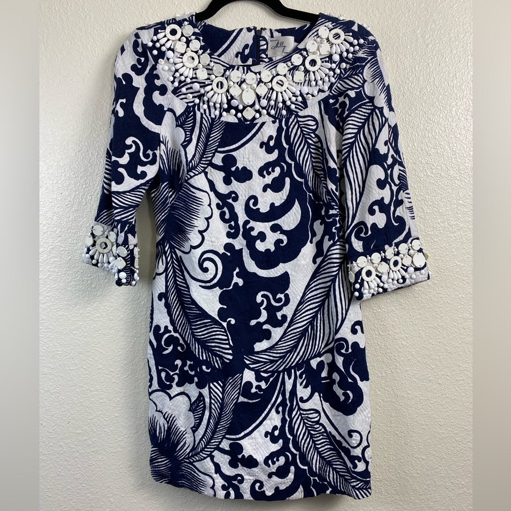 Milly New York Blue White Floral Beaded‎ Sheath Party Wedding Event Dress size 4